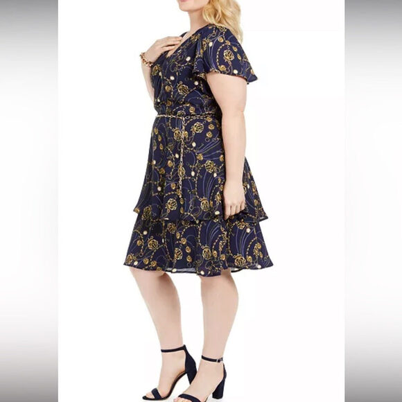 Women’s Dress Short Sleeve Belt Teeze Me Navy Gold Tiered Fit Flare - Picture 2 of 7
